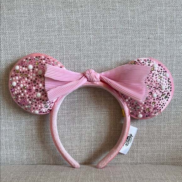 Disney x Baublebar Pink Rhinestone Pearl Pleated Bow Minnie Mouse Headband - Picture 1 of 10